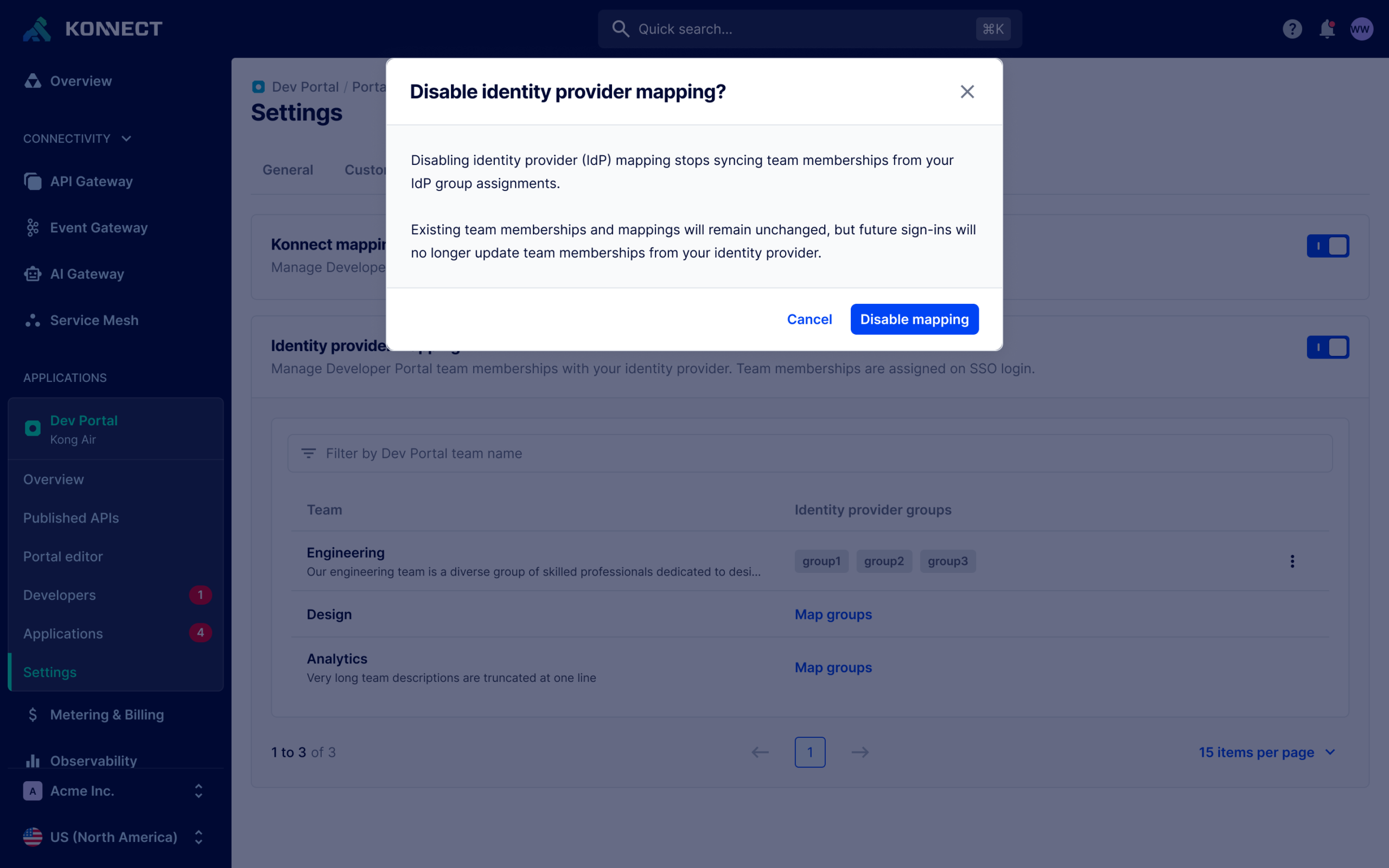 Disable IdP Mapping - Confirmation Dialog