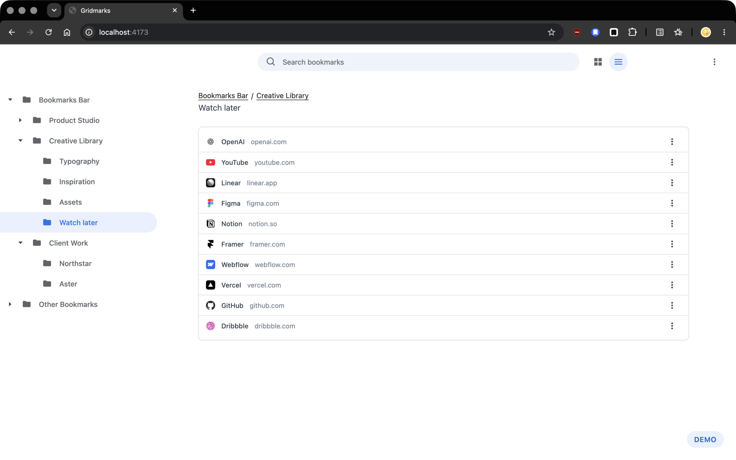A compact list offers another way to scan the same bookmarks without changing how they are organized.