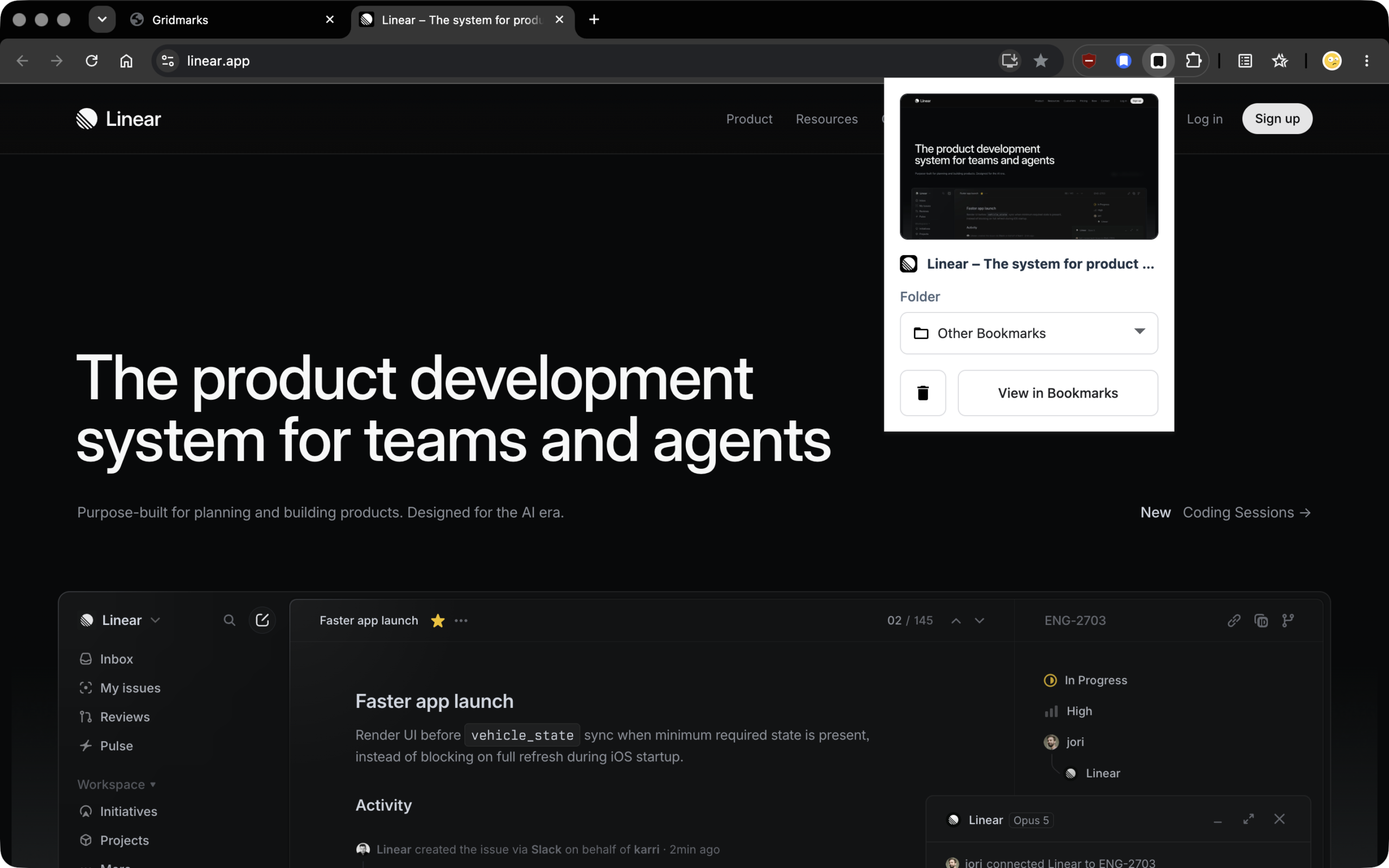 The save popover keeps the page preview and destination folder together, so users can organize a bookmark without leaving the page.