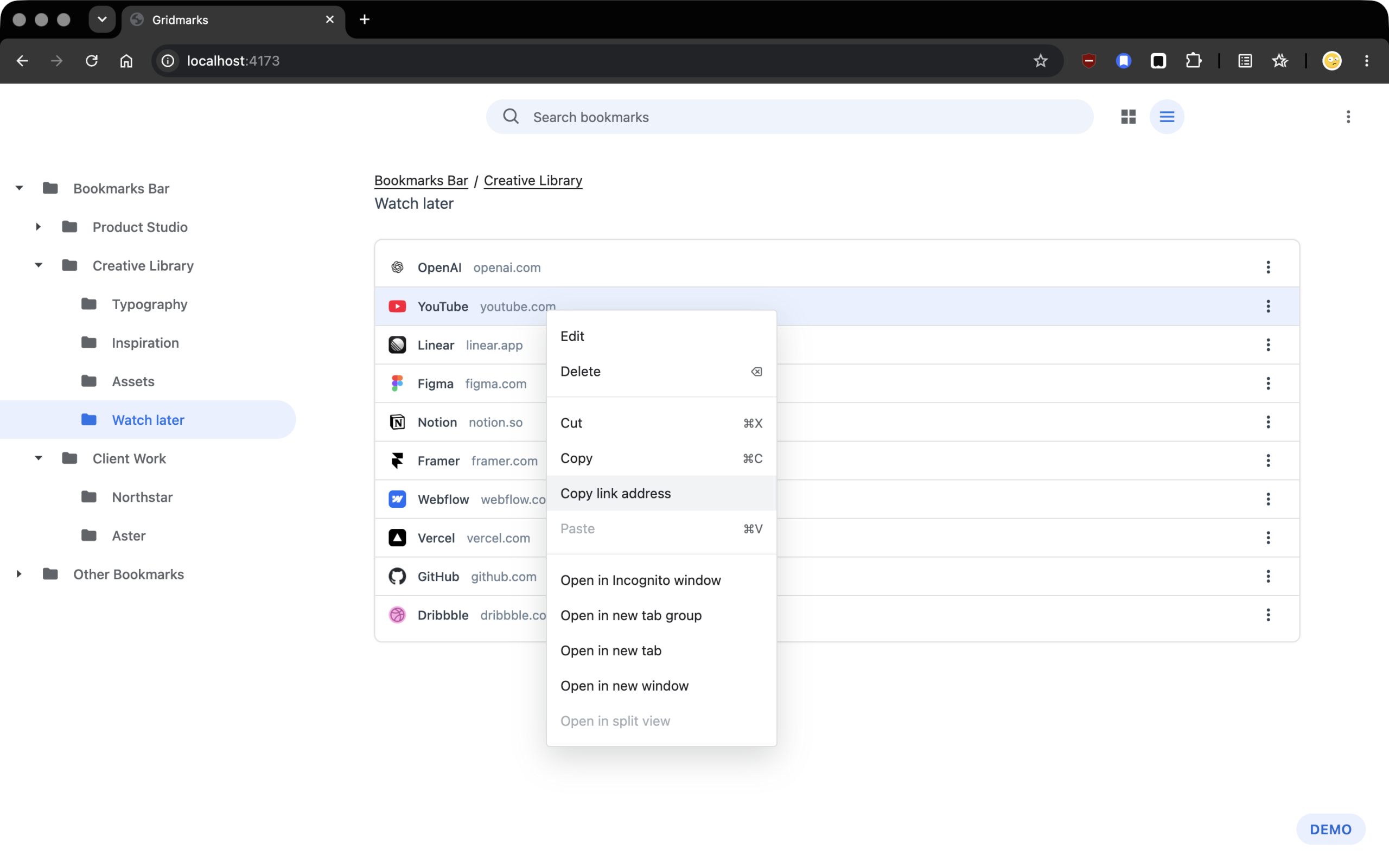 Contextual actions let users copy a saved URL or manage a bookmark directly from the list.